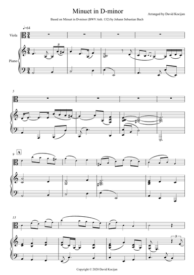 Minuet in D-minor - EASY (viola & piano) (arr. David Kocijan)