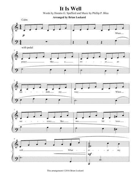 It Is Well Easy/Beginner Piano (arr. Brian Lockard)