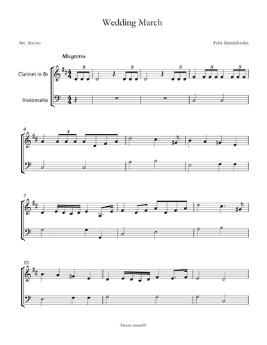 wedding march mendelssohn Clarinet and Cello sheet music (arr. Arezzo Music)