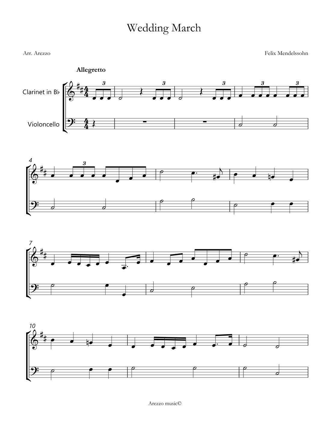 wedding march mendelssohn Clarinet and Cello sheet music (arr. Arezzo Music)