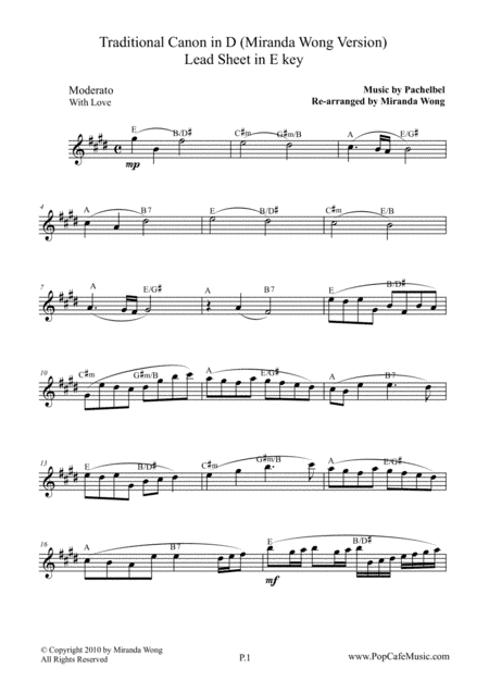 Traditional Canon in D - Tenor or Soprano Saxophone + Concert Key (arr. Miranda Wong)