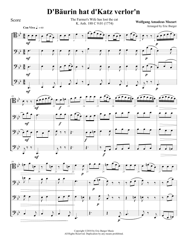 D'Bäurin hat d'Katz verlor'n for Trombone or Low Brass Quartet (arr. Eric Burger Music)