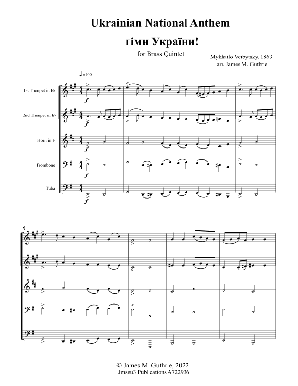 Ukrainian National Anthem for Brass Quintet (arr. James M. Guthrie)