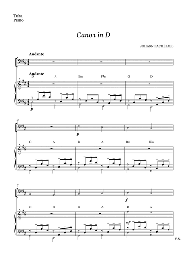 Canon in D for Tuba and Piano (With Chords) (arr. Cássio Silva Chaves)