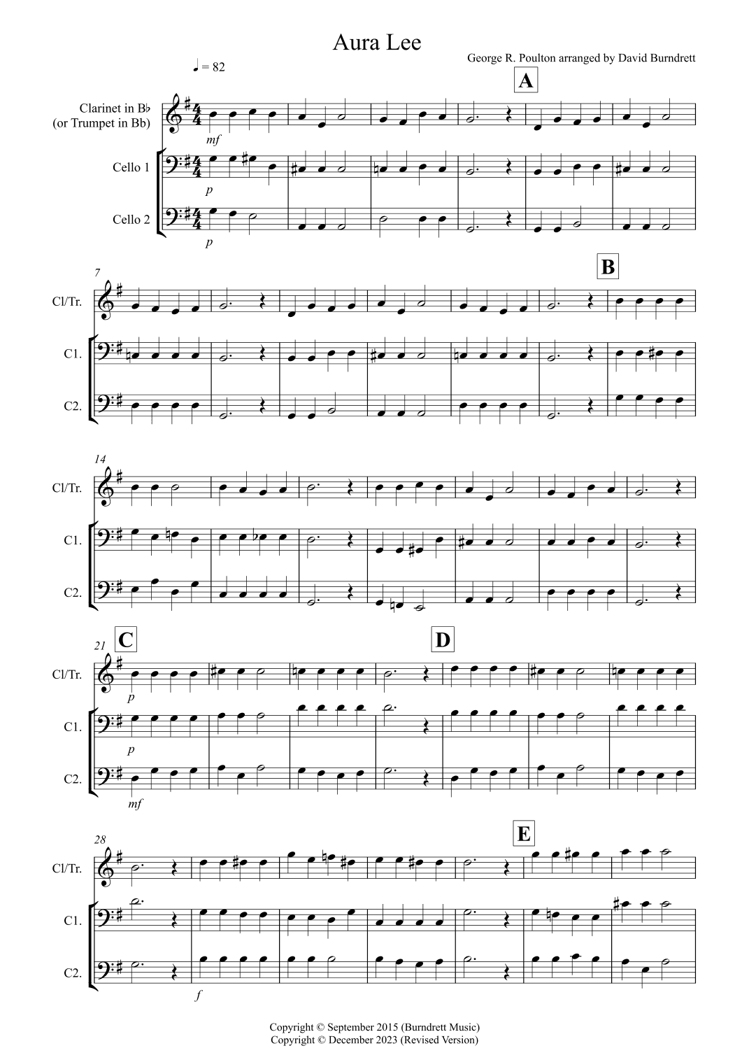 Aura Lee for Clarinet or Trumpet and Two Cellos Trio (arr. David Burndrett)