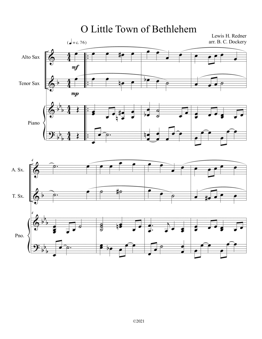 O Little Town of Bethlehem (Alto and Tenor Sax Duet) with piano accompaniment (arr. B. C. Dockery)