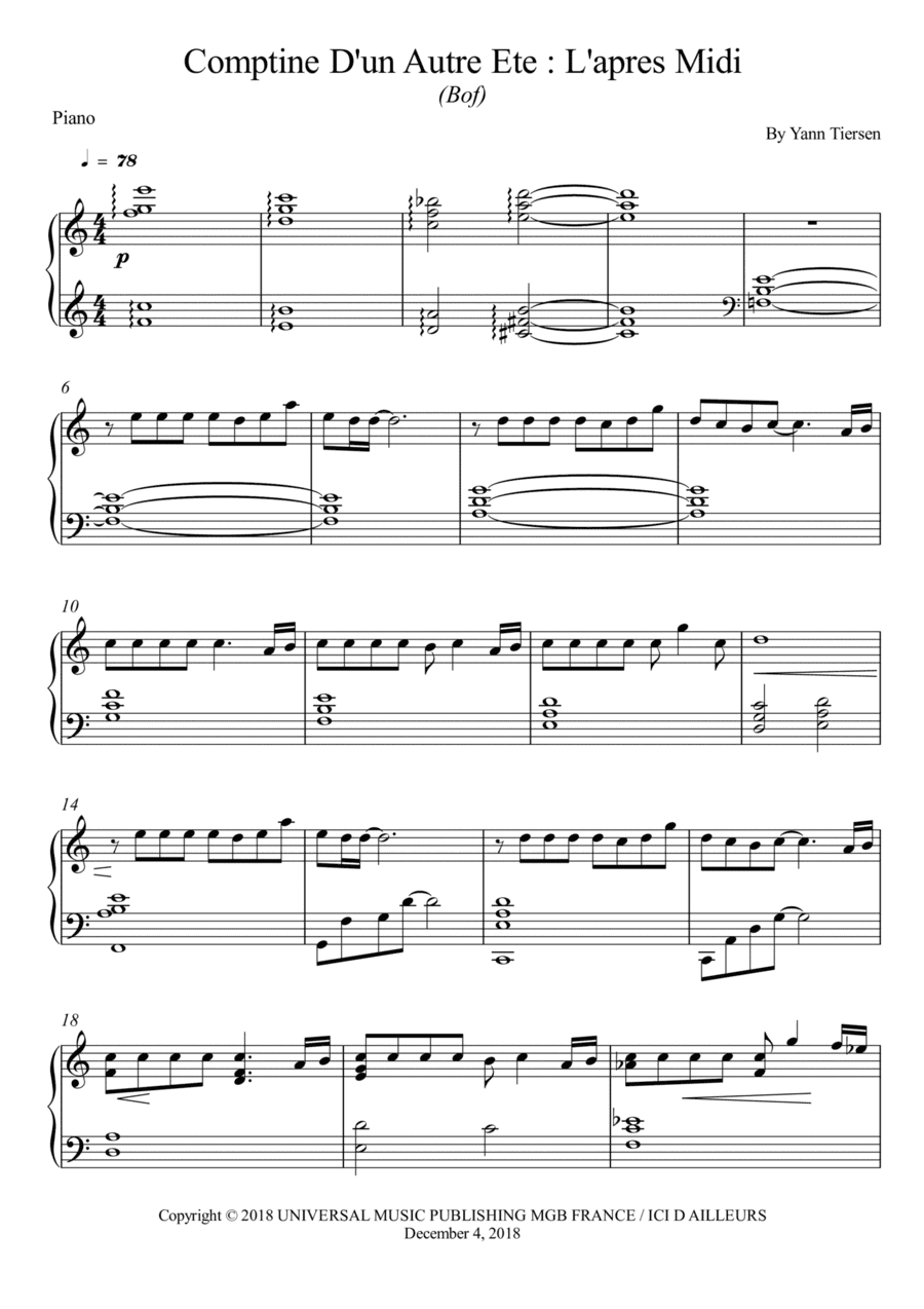 Comptine D'un Autre Ete : L'apres Midi (arr. Wesley S. SIlva)