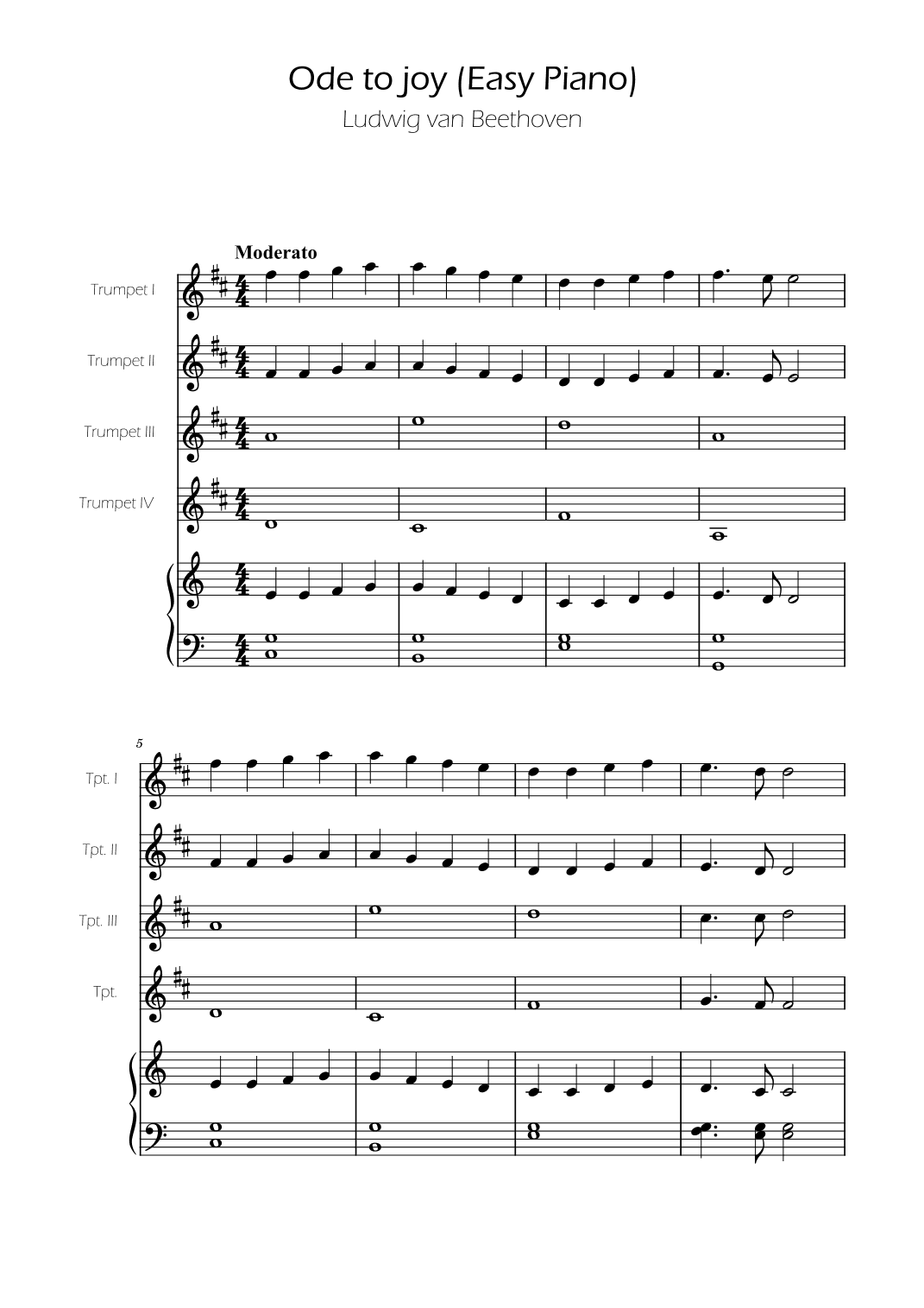 Ode To Joy - Easy Trumpet Quartet w/ piano accompaniment (arr. Ygor Nunes)