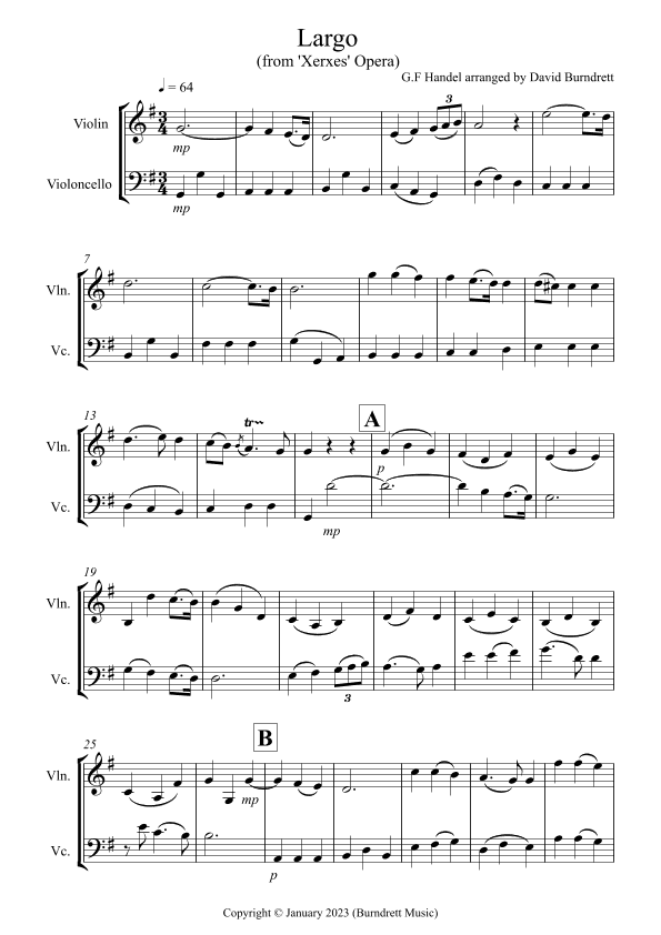 Largo (from 'Xerxes' Opera) for Violin and Cello Duet (arr. David Burndrett)