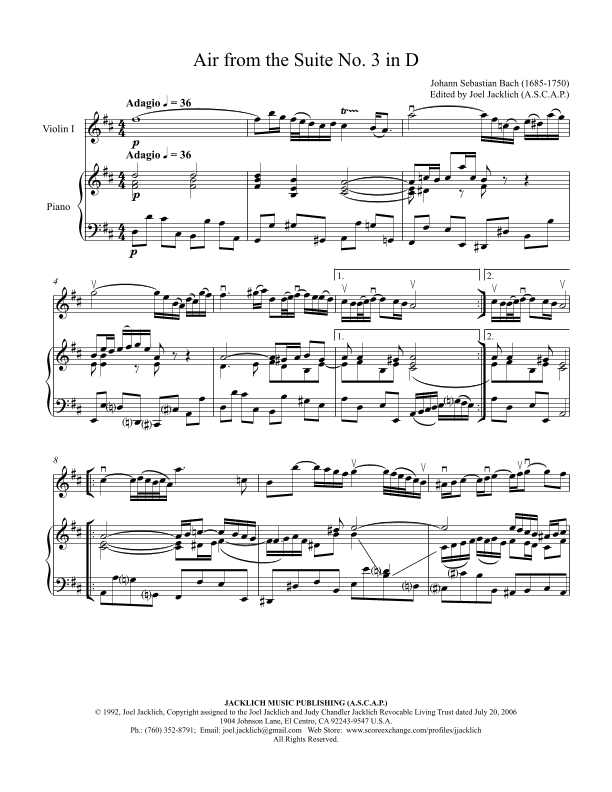 Air from the Third Orchestral Suite (Air on a G String) (arr. Joel Jacklich (A.S.C.A.P.))
