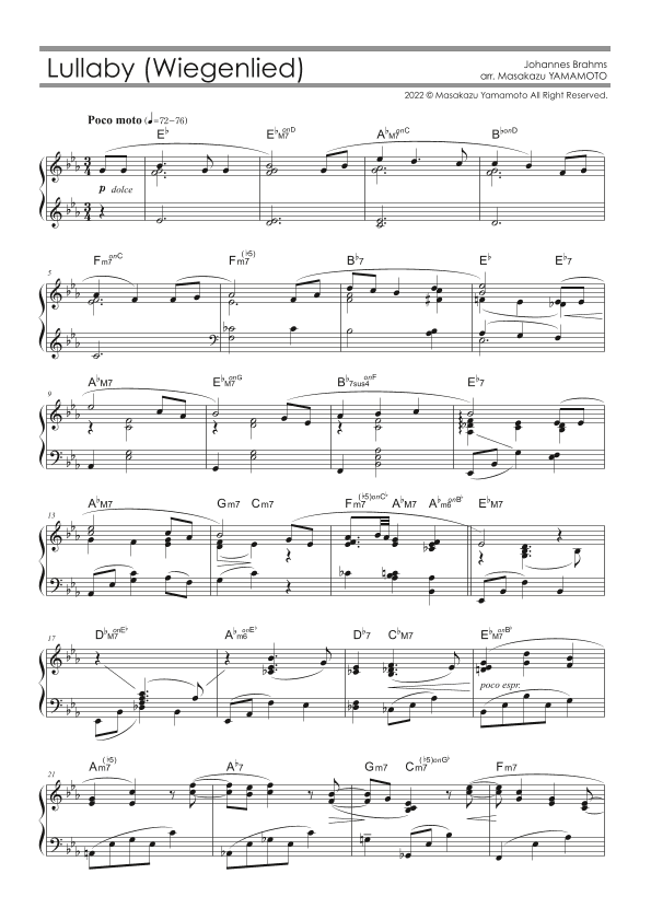 Brahms' Lullaby (Jazz ver.) [Piano solo / Intermediate level] (arr. Masakazu YAMAMOTO)
