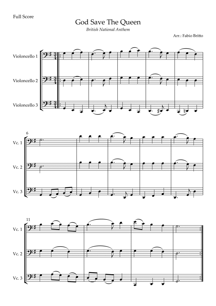 God Save The Queen (British National Anthem) for Cello Trio (arr. Fabio Britto)