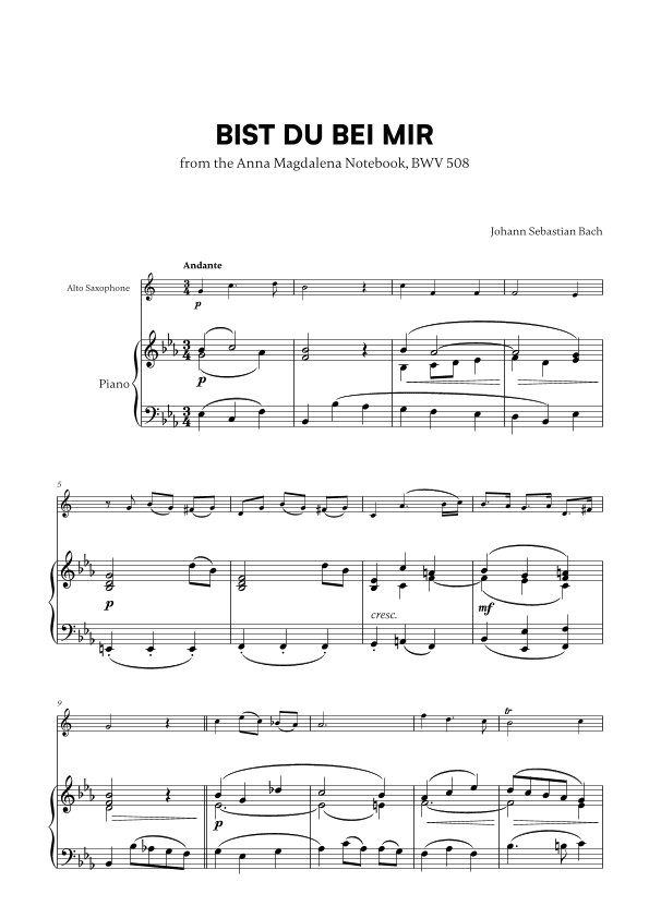 Bist du bei Mir (BWV 508) (for Alto Sax and Piano) (arr. Cadenza Editions)