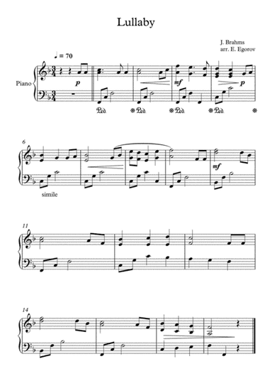 Lullaby, Johannes Brahms, For Easy Piano
