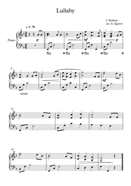 Lullaby, Johannes Brahms, For Easy Piano