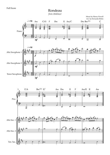 Rondeau (from Abdelazer) for Saxophone Trio and Piano Accompaniment with Chords (arr. Fernando Britto)