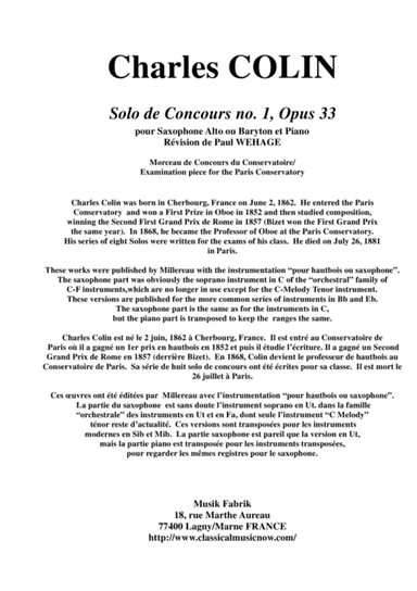 Charles COLIN Solo de Concours no. 1, Opus 33 , arranged for Eb alto or baritone saxophone and piano (arr. Paul Wehage)