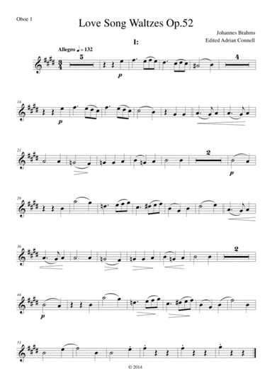 Brahms - Love Song Waltzes Op.52 for Choir and Chamber Orchestra - Oboe 1 (arr. Adrian Connell)