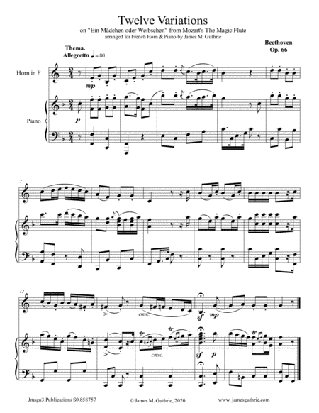 Beethoven: 12 Variations Op. 66 for French Horn & Piano (arr. James M. Guthrie, ASCAP)