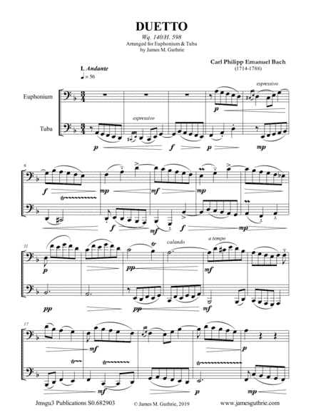 CPE Bach: Duetto Wq. 140 for Euphonium & Tuba (arr. James M. Guthrie, ASCAP)