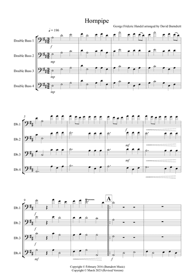 Hornpipe from Handel's Water Music for Double Bass Quartet (arr. David Burndrett)