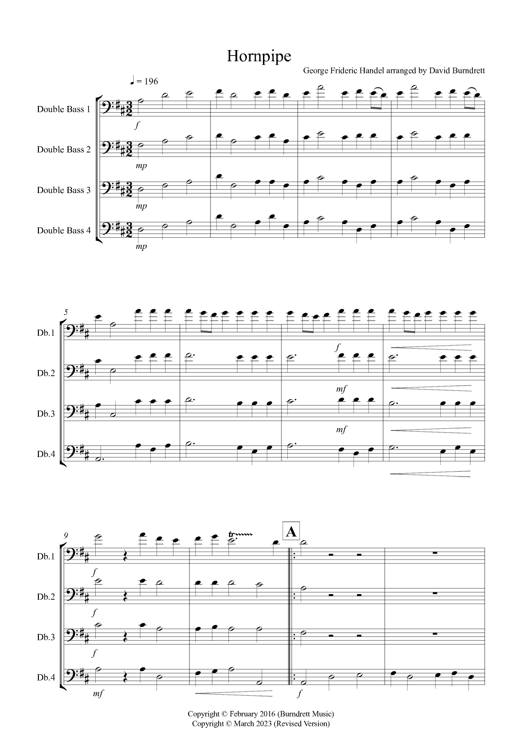 Hornpipe from Handel's Water Music for Double Bass Quartet (arr. David Burndrett)
