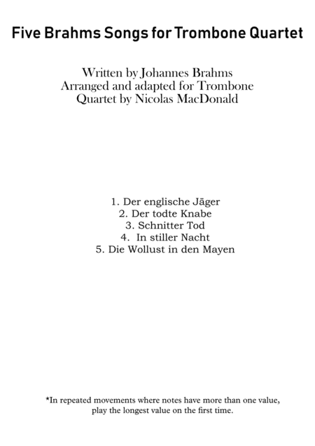 Five Brahms Songs for Trombone Quartet (arr. Nicolas MacDonald)