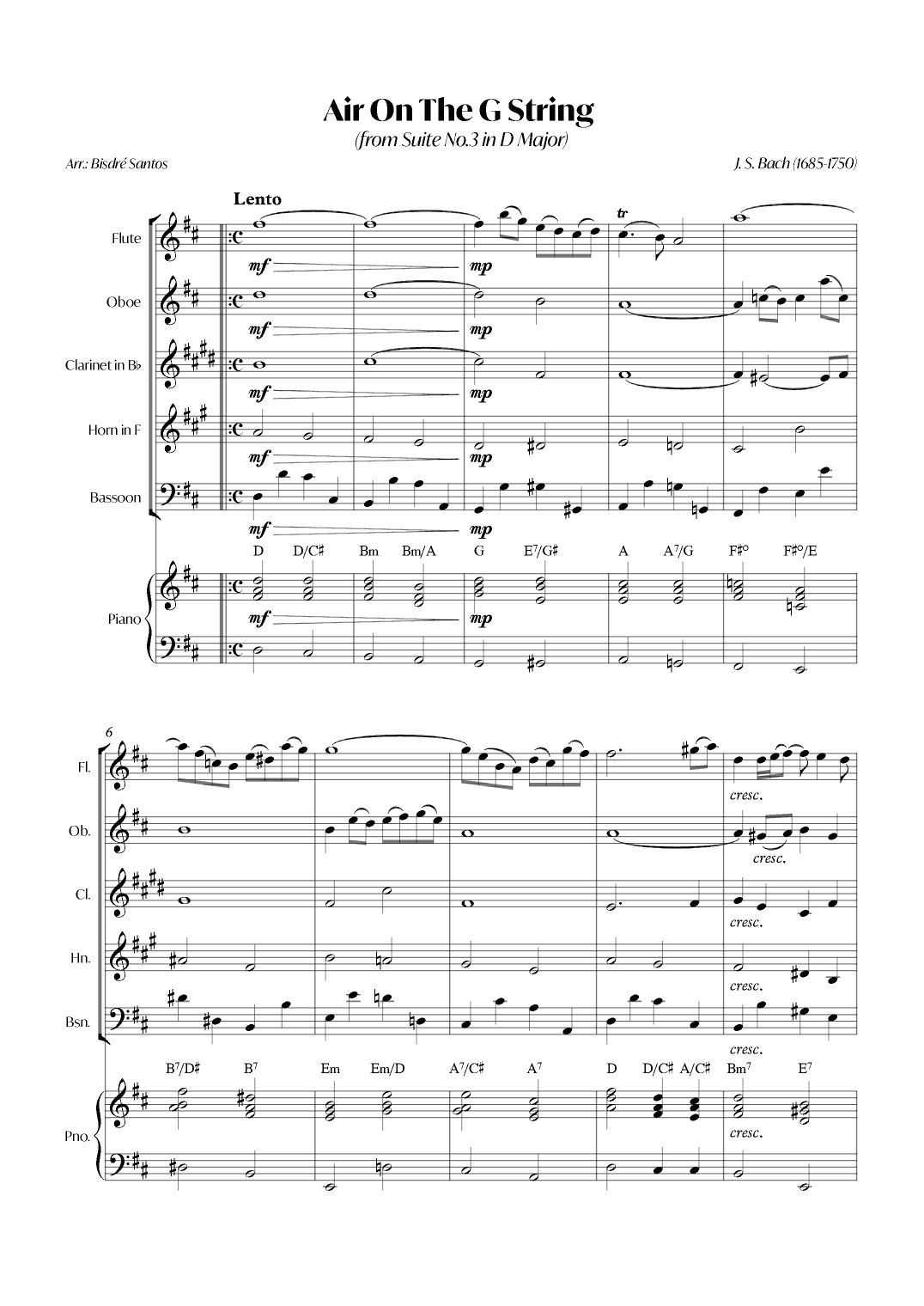 Air On The G String (from Suite No.3 in D Major) (Bach) - Woodwind quintet with Piano (arr. André Alberto Santos)