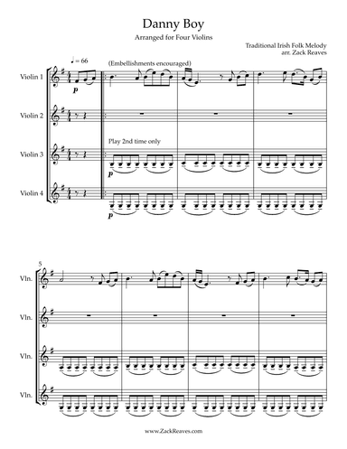 Danny Boy (arranged for Violin Quartet) (arr. Zack Reaves)