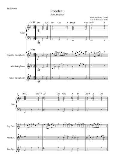 Rondeau (from Abdelazer) for Saxophone Trio and Piano Accompaniment with Chords (arr. Fernando Britto)