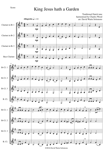 King Jesus hath a Garden for clarinet quartet (3 x B flats, Bass) (arr. Charles Wood, David Warin Solomons)
