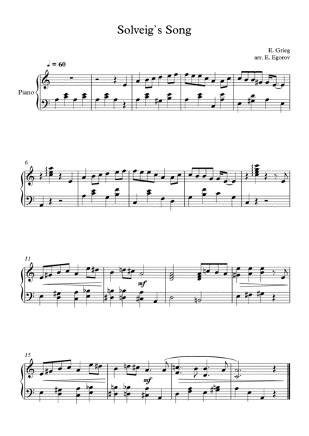 Solveig`s Song, Edvard Grieg, For Easy Piano