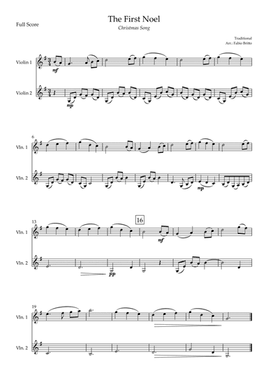 The First Noel (Christmas Song) for Violin Duo (arr. Fabio Britto)