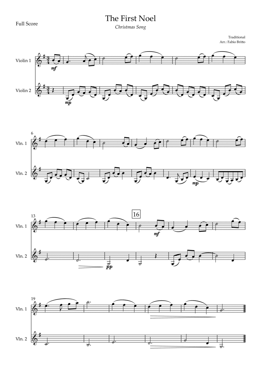 The First Noel (Christmas Song) for Violin Duo (arr. Fabio Britto)