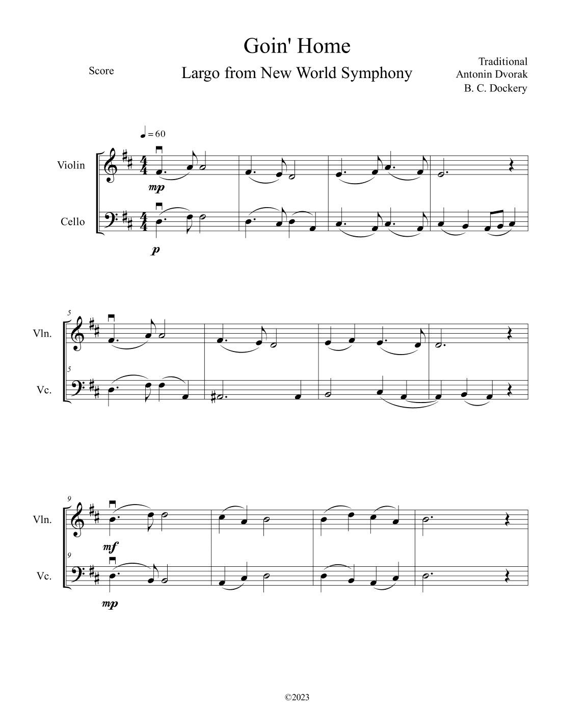 Goin' Home - Largo from New World Symphony (Violin and Cello Duet) (arr. B. C. Dockery)