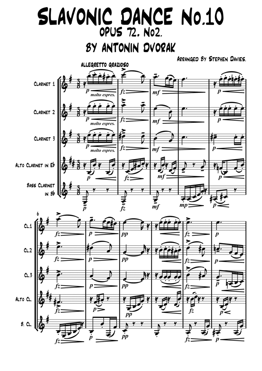'Slavonic Dance No.10, Op.72' by Dvorak for Clarinet Quintet. (arr. Stephen Davies)