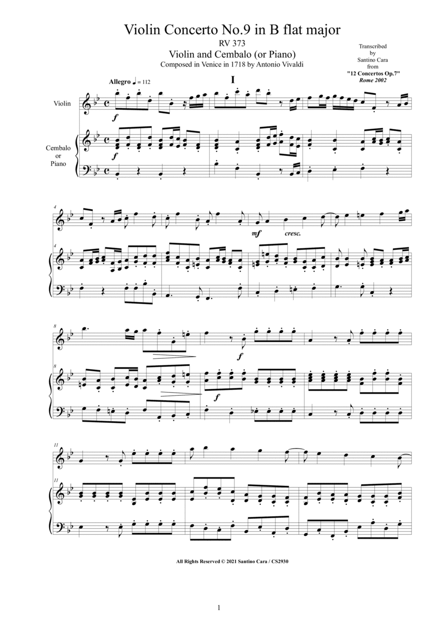Vivaldi - Violin Concerto No.9 in B flat major RV 373 Op.7 for Violin and Cembalo (or Piano) (arr. Santino Cara)