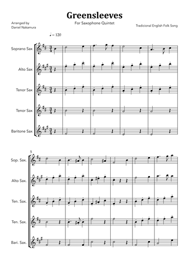 Greensleeves (For Saxophone Quintet) (arr. Daniel Nakamura)