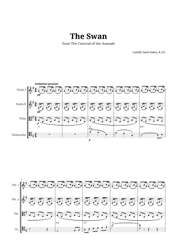 The Swan by Saint-Saëns for String Quartet with Chords (arr. Langanho)