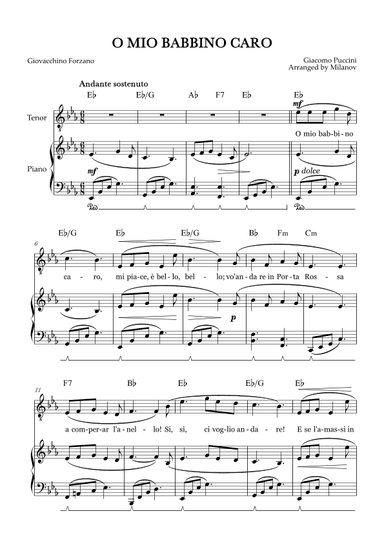 O Mio Babbino Caro | Male Voice Tenor | E-flat Major | Piano accompaniment | Pedal | Chords (arr. Milanov)
