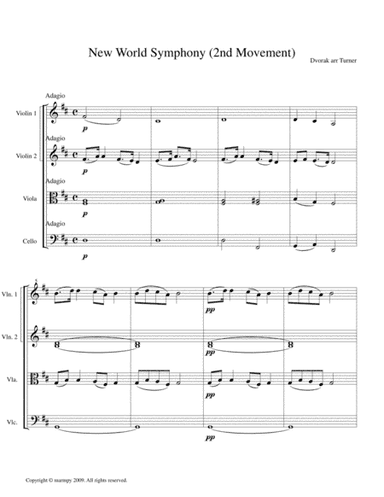 New World Symphony 2nd Movement  by Dvorak (arranged for String Quartet) (arr. Marmpy)