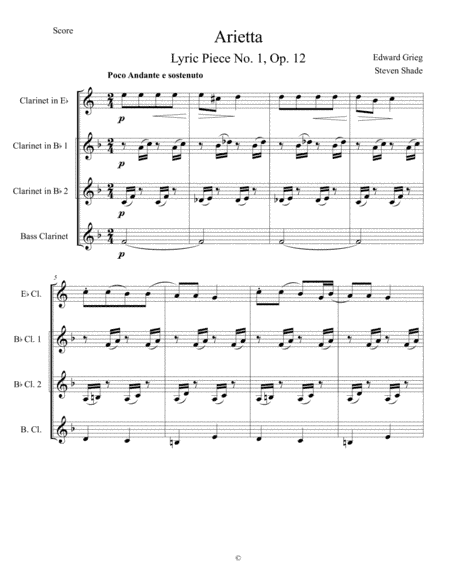 "Arietta," for Clarinet Quartet, from "Lyric Pieces" (arr. Steven Shade)