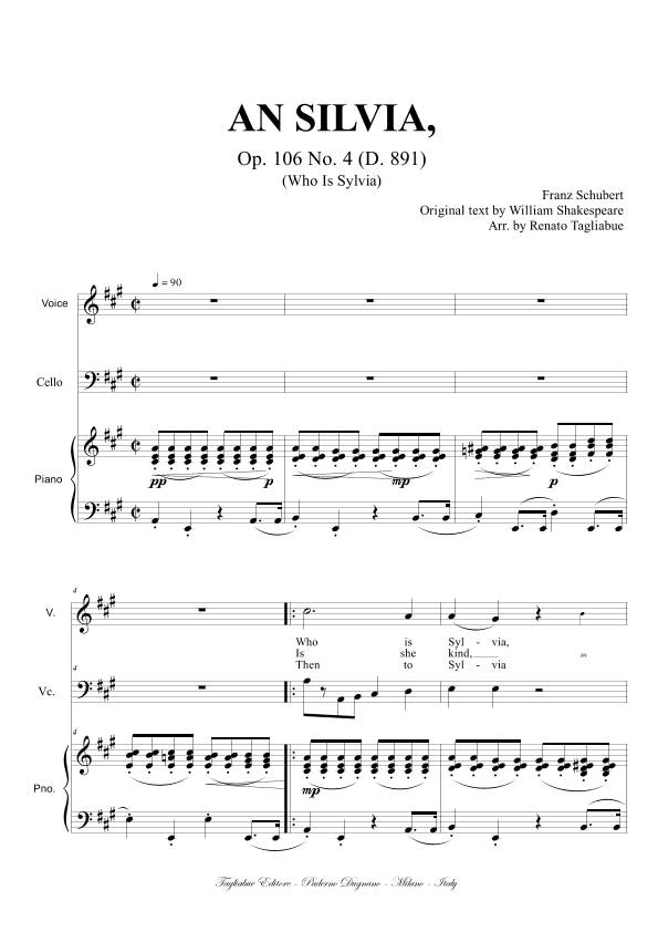 AN SILVIA - Op. 106 No. 4 (D. 891) - For Soprano or Tenor, Piano and (ad libitum) Cello - Score Only (arr. Renato Tagliabue)