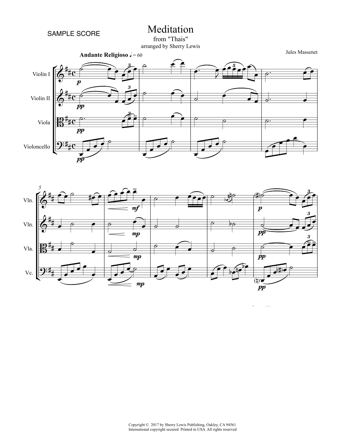MEDITATION from Thais, String Quartet, Intermediate Level for 2 violins, viola and cello (arr. Sherry Lewis)