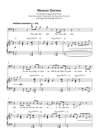 Nessun Dorma (for baritone or bass and piano) (arr. Rodrigo Faleiros)