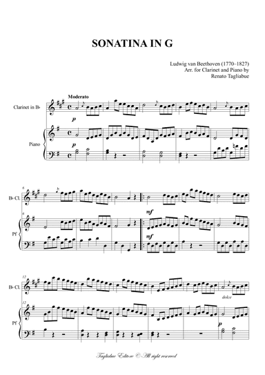 BEETHOVEN - SONATINA in G - Arr. for Clarinet in Bb and Piano (arr. Renato Tagliabue)