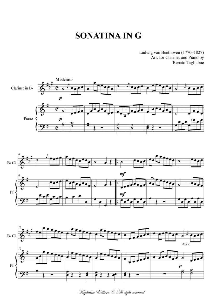 BEETHOVEN - SONATINA in G - Arr. for Clarinet in Bb and Piano (arr. Renato Tagliabue)