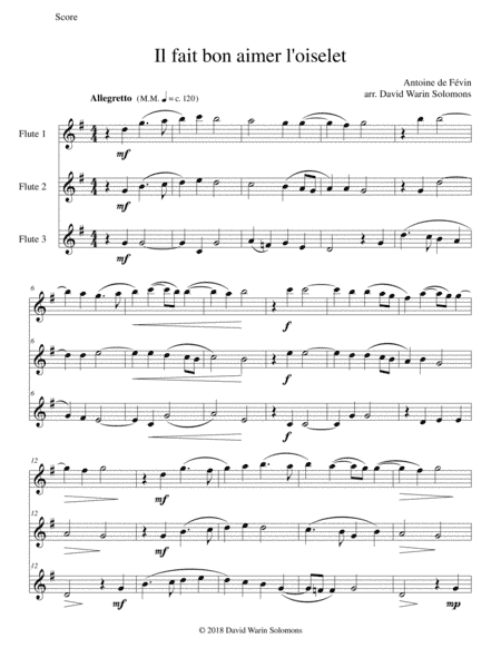 Il fait bon aimer l'oiselet for 3 flutes (arr. David Warin Solomons)