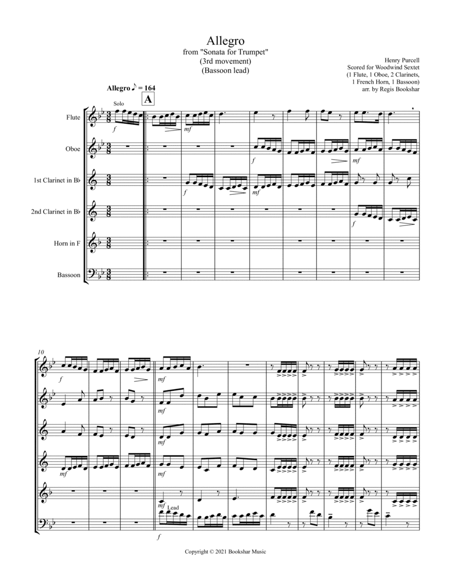 Allegro (from "Sonata for Trumpet") (Bb) (Woodwind Sextet - 1 Flute, 1 Oboe, 2 Clar, 1 Hrn, 1 Bassoo (arr. Regis Bookshar)