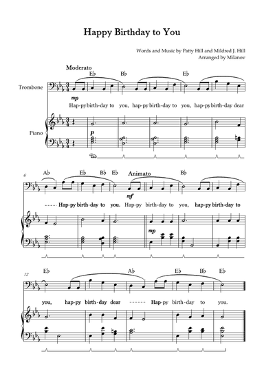 Happy Birthday to You | Trombone | E-flat Major | Piano accompaniment | Pedal | Chords | Lyrics (arr. Milanov)